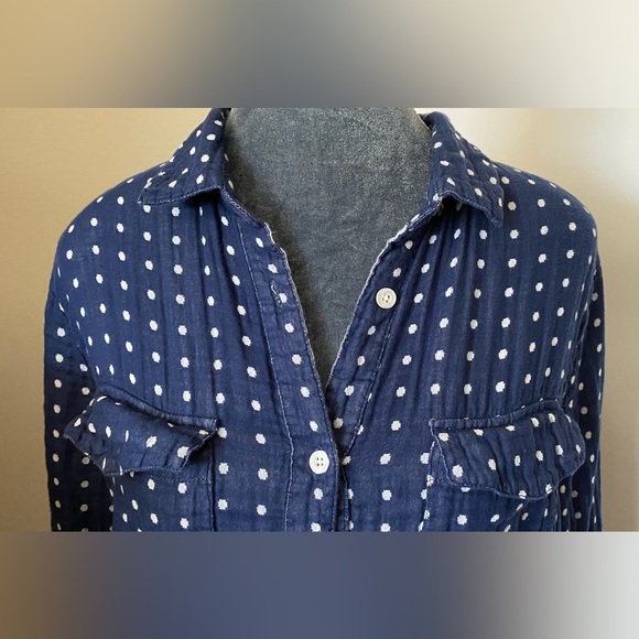Kenneth Cole Reaction Blue White Polka Dot Cotton Gauze Button Down Size L - Picture 4 of 8